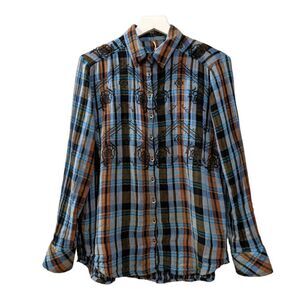 Free People Women's Western Plaid Ruffle Cotton Casual Button Down Shirt Sz XS